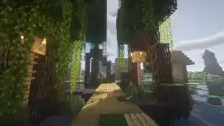 Benih Minecraft - Akar pohon bakau yang tumbuh di atas jalan kayu menuju ke desa kecil