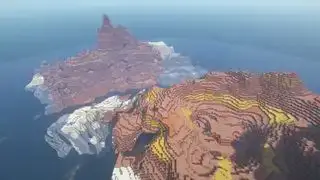 Sementes de Minecraft - Uma grande ilha de Badlands cortada ao meio por um rio.