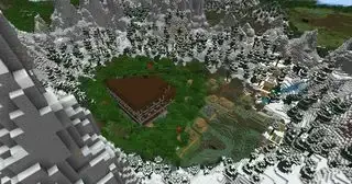 Semi di Minecraft: una montagna innevata circonda una valle erbosa con una villa nel bosco e un villaggio nelle vicinanze