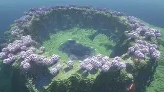 Semillas de Minecraft: un bosque de cerezos en flor rodea la cima de un valle con un lago