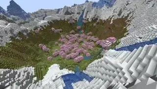 Minecraft frø - en frossen kirsebærblomstskov beliggende i en ispigget dal