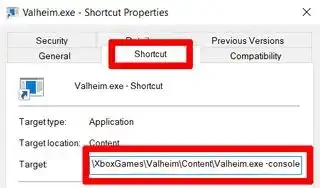 Valheim cheats — isang screenshot ng Software properties window para sa Valheim executable, na may mahahalagang seksyon na naka-highlight