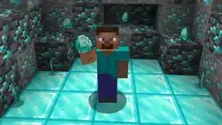 Minecraft Java vs Bedrock - Steve ține un diamant într-o grămadă de blocuri de diamante