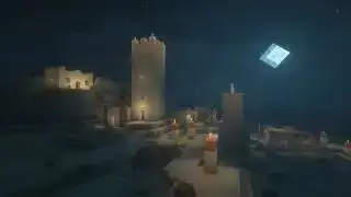 Shaders de Minecraft: un pueblo desértico de noche, ligeramente nublado