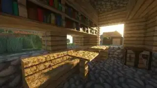 Minecraft-shaders - de binnenkant van een dorpshuis waar de zon door een raam ondergaat en schaduwen werpt