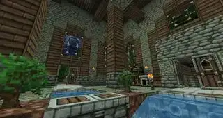 Minecraft doku paketleri - Dokucraft - Fantezi görünümlü blok dokulara sahip ahşap ve taş bir binanın içi