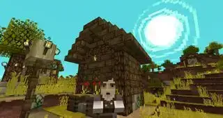 Minecraft texture packs - Joliecraft - Een grillige zon komt op aan de hemel achter een dorpeling met een verrast gezicht die een huis uitloopt met gedempte houtkleuren