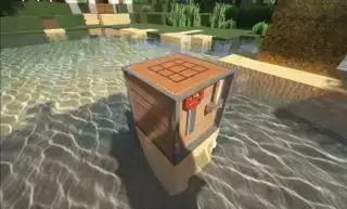 Pacchetti texture Minecraft: un banco da lavoro Minecraft con una sega e un martello 3D all'interno sopra un'acqua dall'aspetto realistico