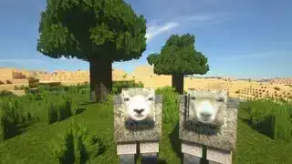 Mineraft-textuurpakketten - LB Photo Realism Reloaded - Twee schapen met realistisch uitziende gezichten en vacht die voor bomen staan ​​met realistische schorstexturen