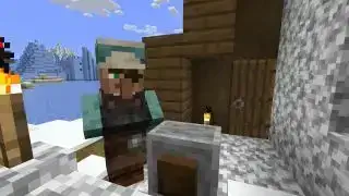 Minecraft kaimo gyventojas - ginklų kalvis snieguotame kaime dirba prie šlifavimo akmens.