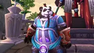 Egy Pandaren a World of Warcraftból kék és lila páncélt viselve